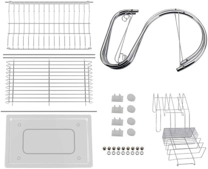 2 Tier Dish Rack with Drain Board for Kitchen Counter and Plated Chrome Dish Dryer Silver 42 x 25,5 x 38 cm V178-12689