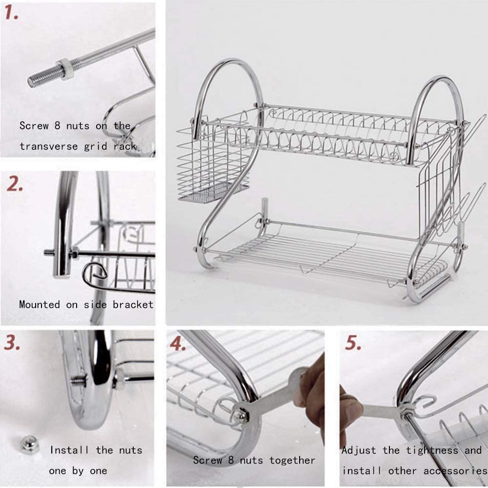 2 Tier Dish Rack with Drain Board for Kitchen Counter and Plated Chrome Dish Dryer Silver 42 x 25,5 x 38 cm V178-12689