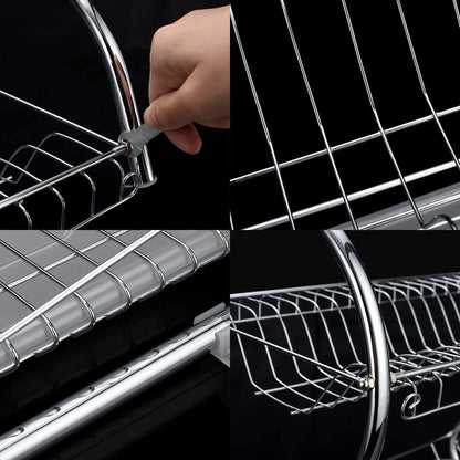 2 Tier Dish Rack with Drain Board for Kitchen Counter and Plated Chrome Dish Dryer Silver 42 x 25,5 x 38 cm V178-12689