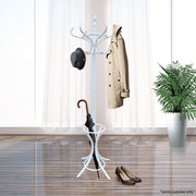 White Coat Rack with Stand Wooden Hat and 12 Hooks Hanger Walnut tree V178-13372
