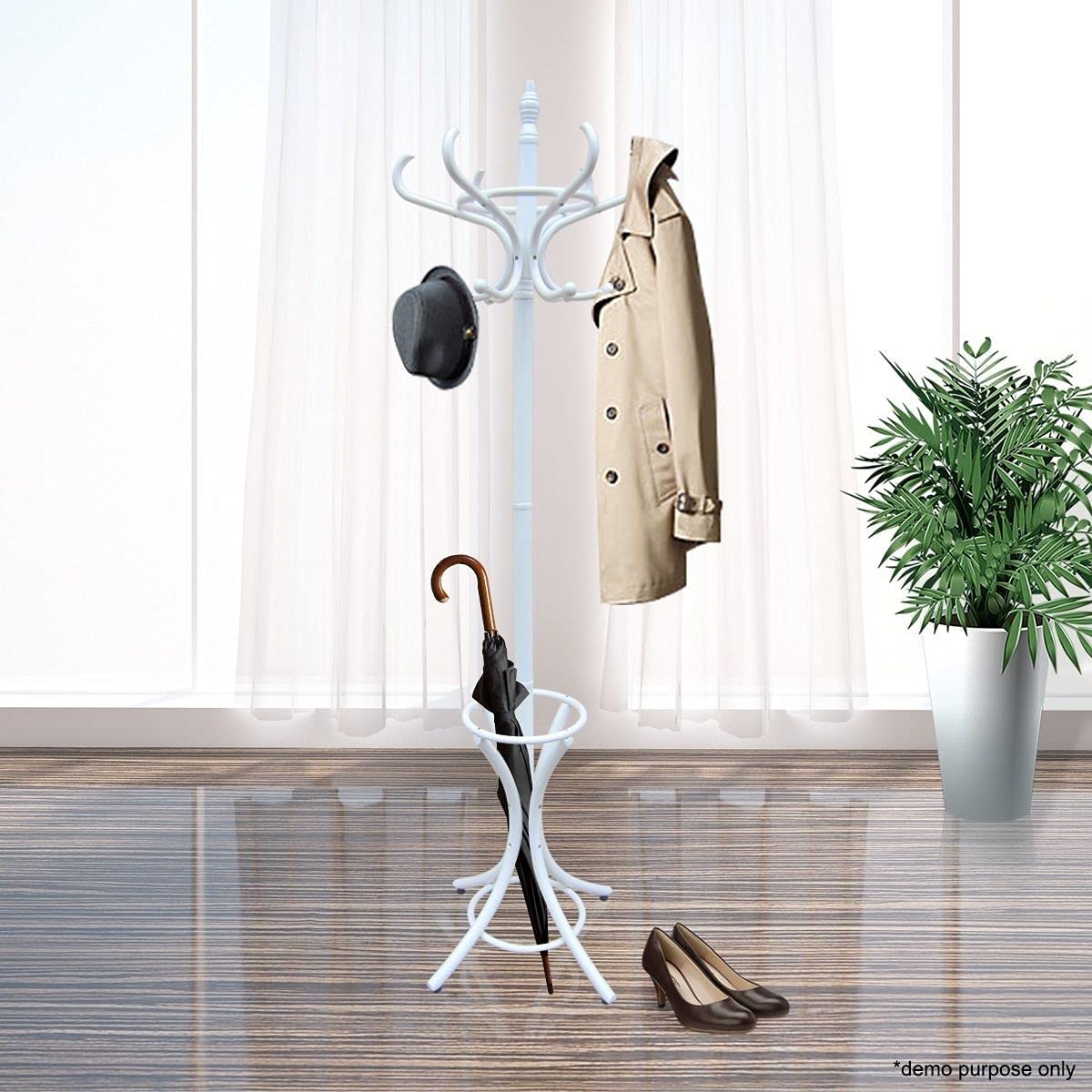 White Coat Rack with Stand Wooden Hat and 12 Hooks Hanger Walnut tree V178-13372