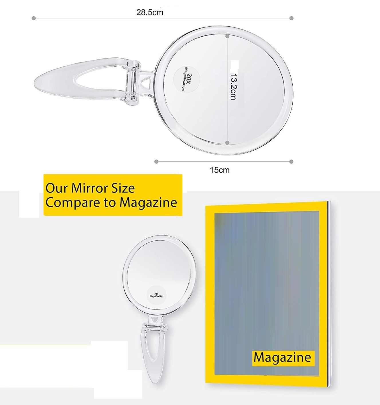 20X Magnifying Hand Mirror Two Sided Use for Makeup Application, Tweezing, and Blackhead/Blemish Removal (15 V178-14094