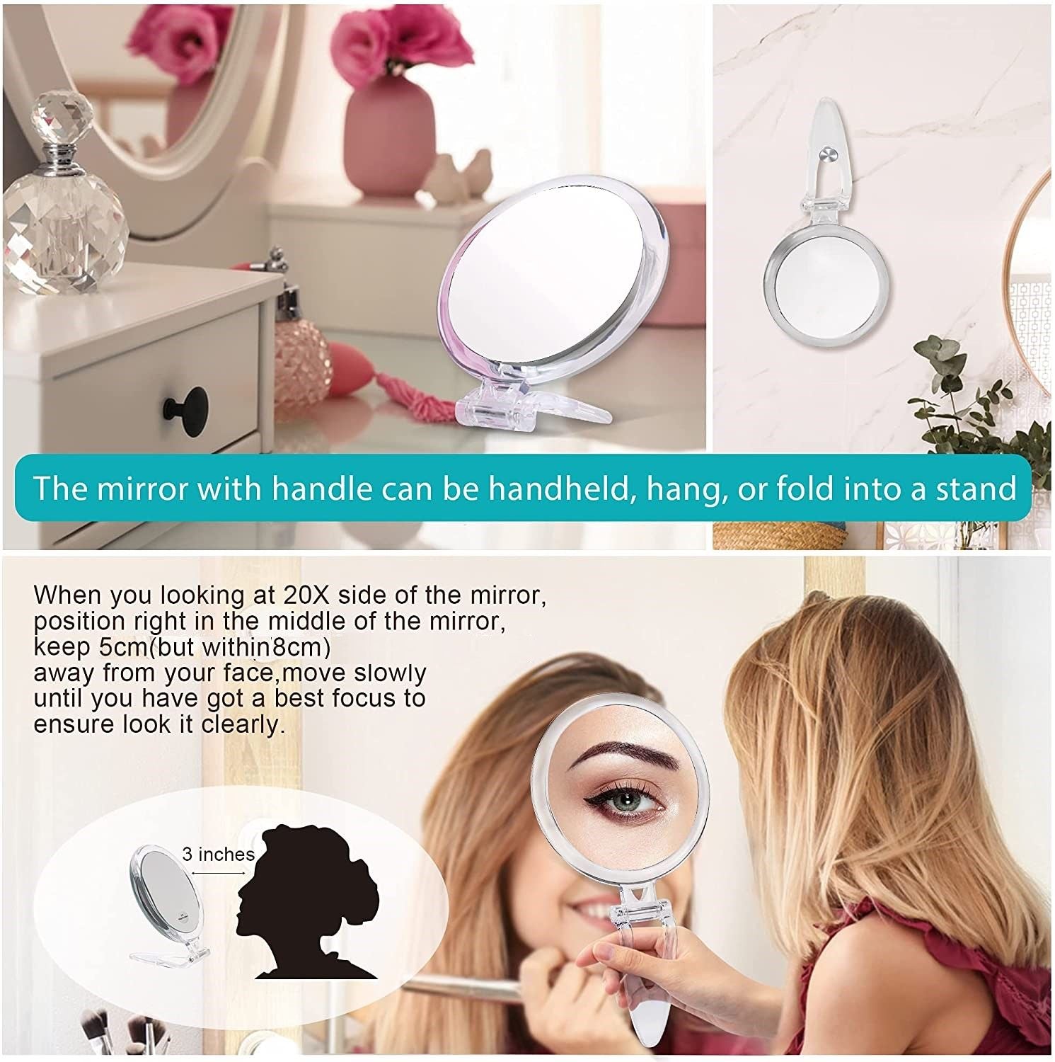 20X Magnifying Hand Mirror Two Sided Use for Makeup Application, Tweezing, and Blackhead/Blemish Removal (15 V178-14094