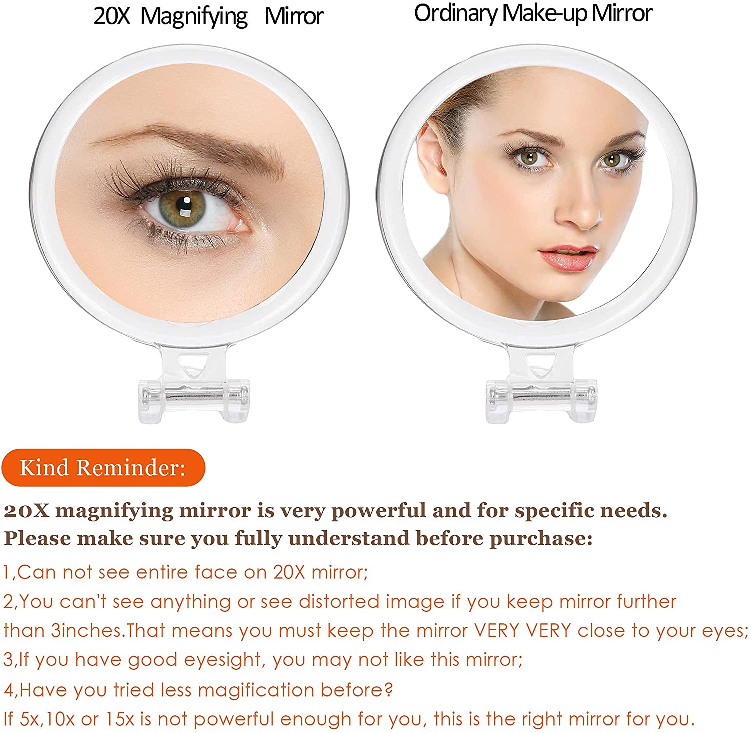 20X Magnifying Hand Mirror Two Sided Use for Makeup Application, Tweezing, and Blackhead/Blemish Removal (15 V178-14094