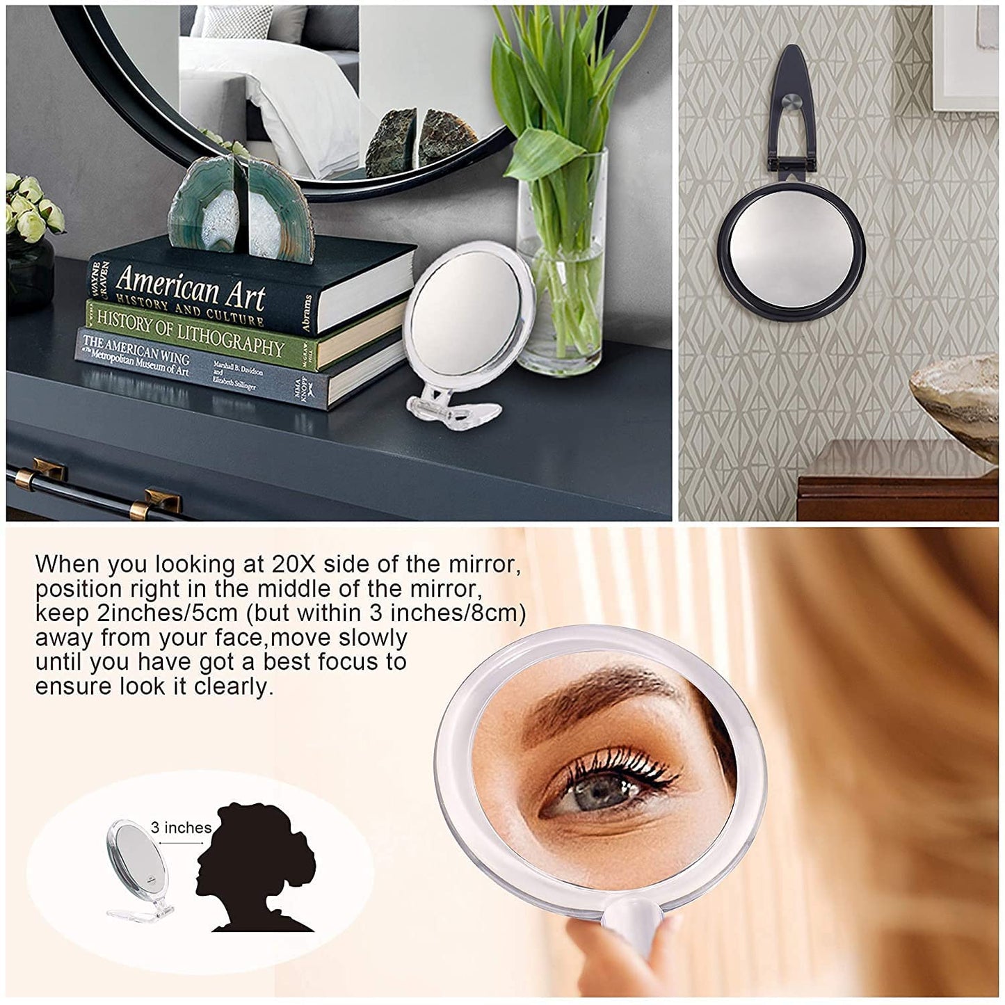 20X Magnifying Hand Mirror Two Sided Use for Makeup Application, Tweezing, and Blackhead/Blemish Removal V178-14421