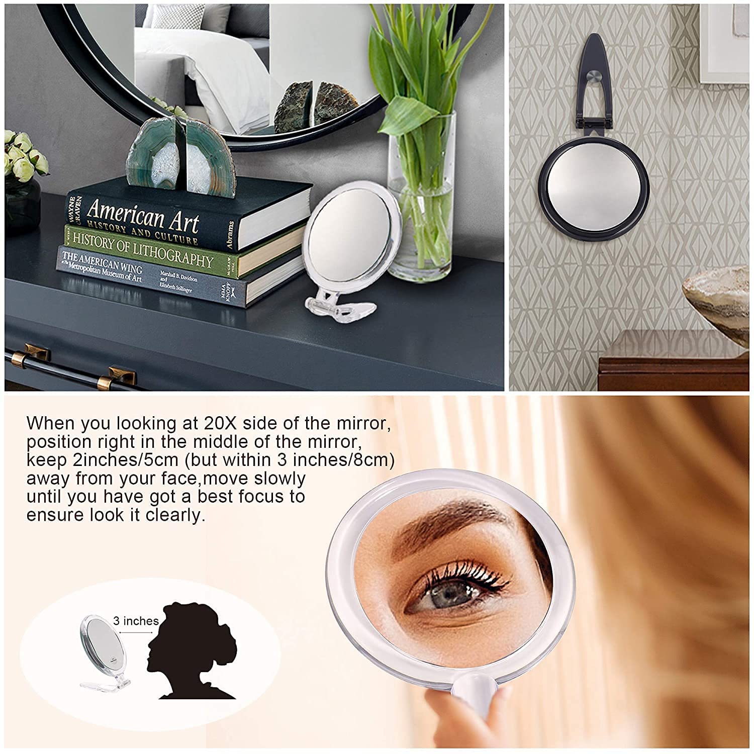 20X Magnifying Hand Mirror Two Sided Use for Makeup Application, Tweezing, and Blackhead/Blemish Removal V178-14421
