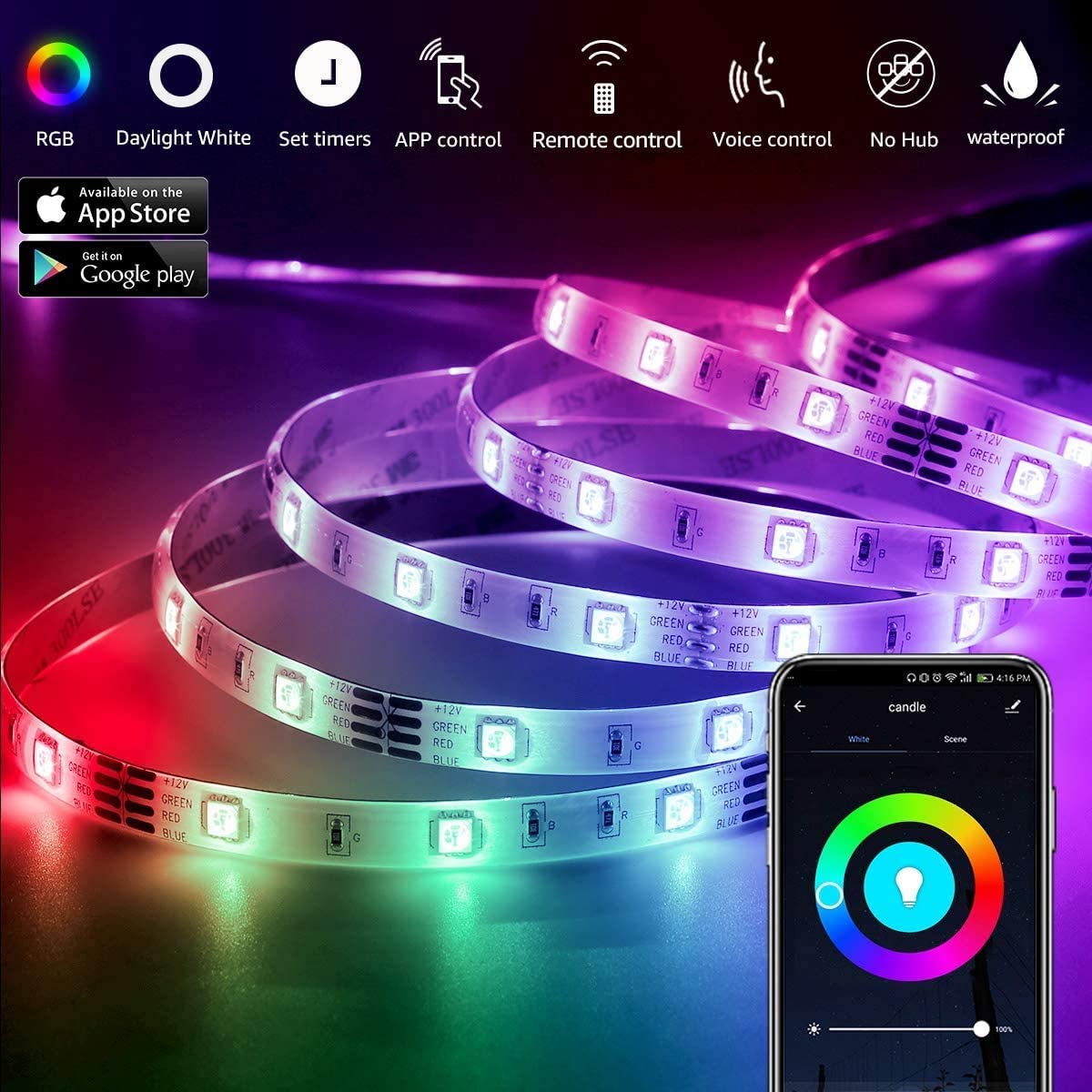 12M LED Strip Lights Rope Light for Bedroom and Home (5050 Lights Strip App with Remote Control) V178-14605