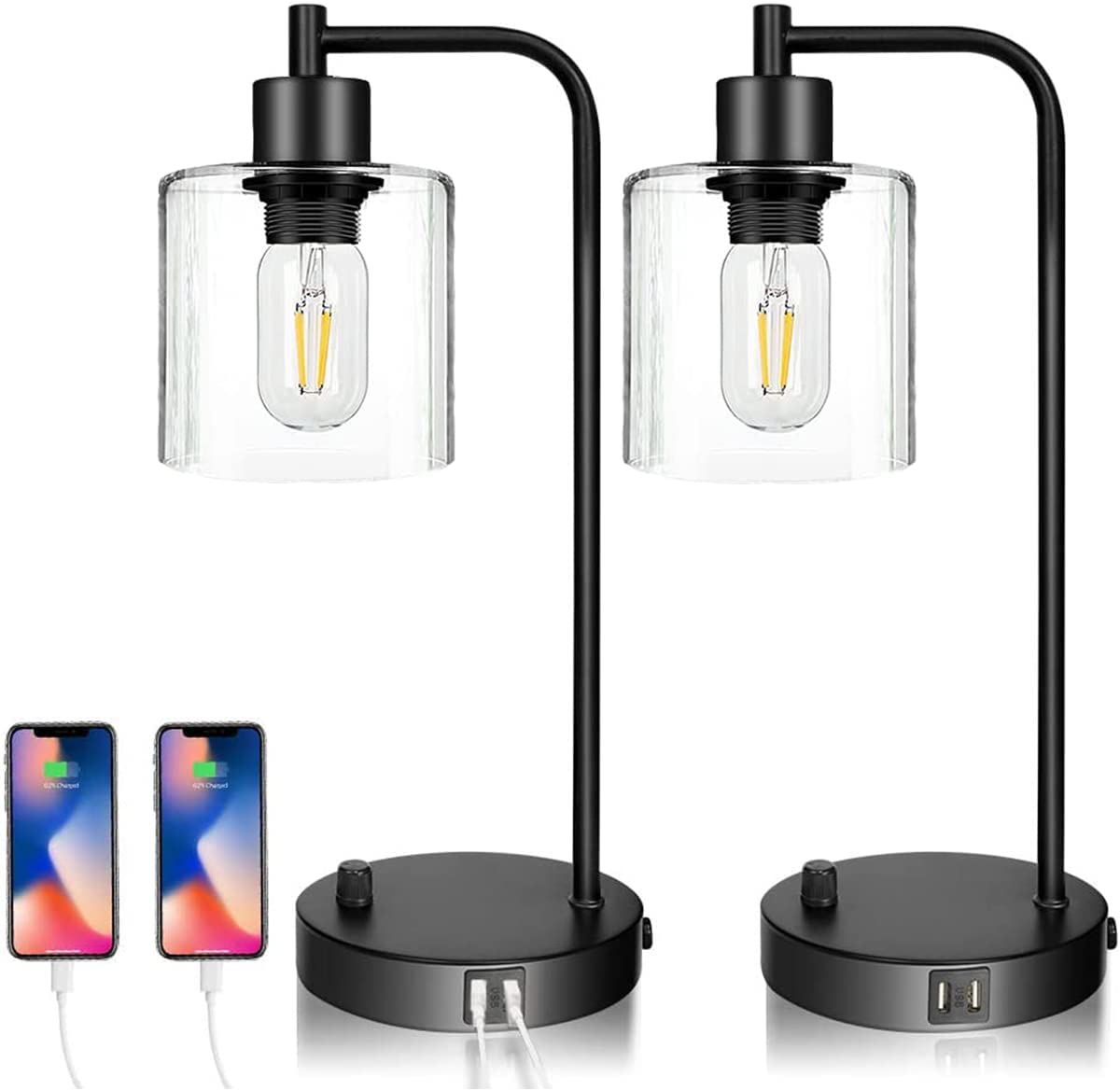 2x Pack Industrial Table Lamp with 2 USB Port for Bedside Nightstand Desk and Living Room Office (Bulb not V178-14759