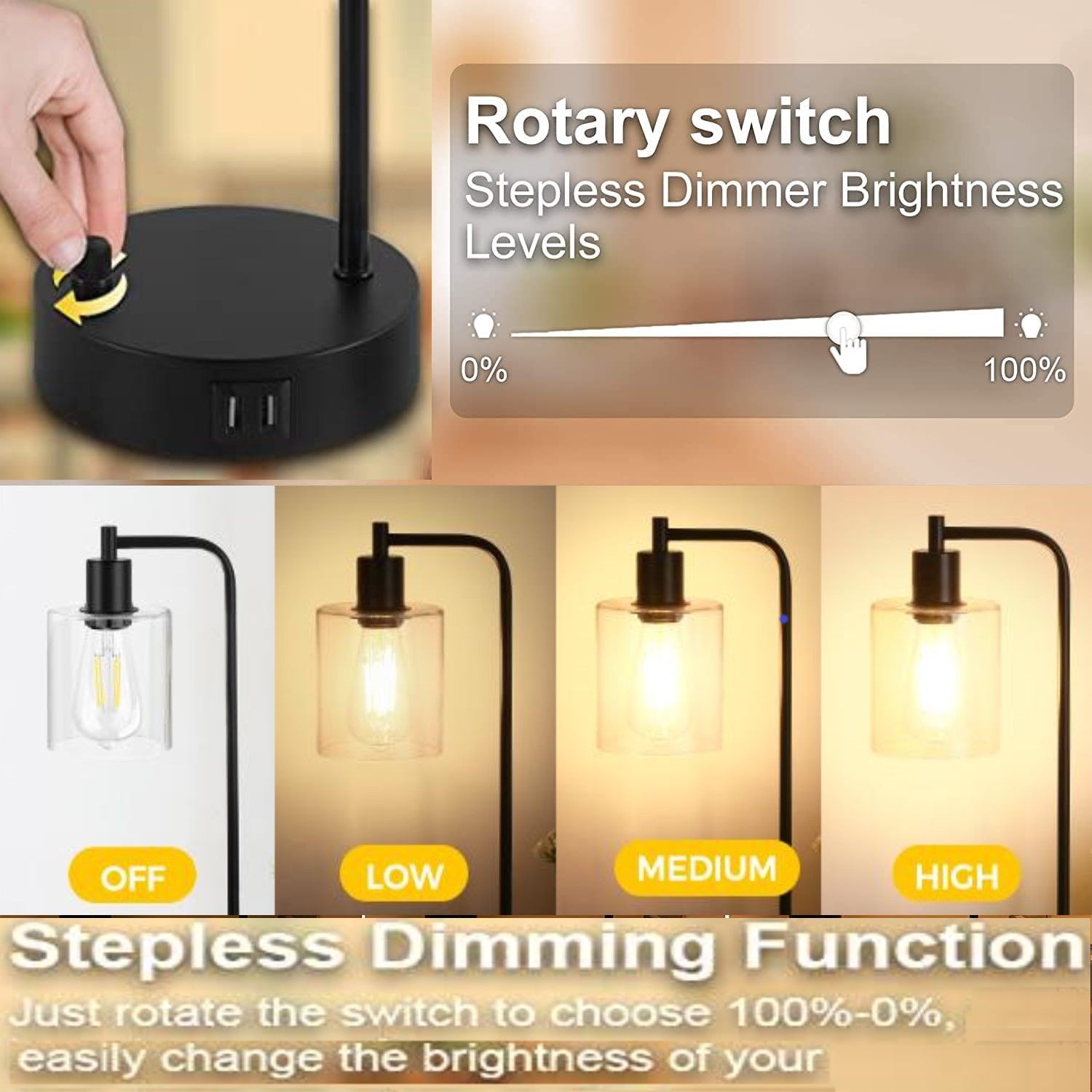 2x Pack Industrial Table Lamp with 2 USB Port for Bedside Nightstand Desk and Living Room Office (Bulb not V178-14759