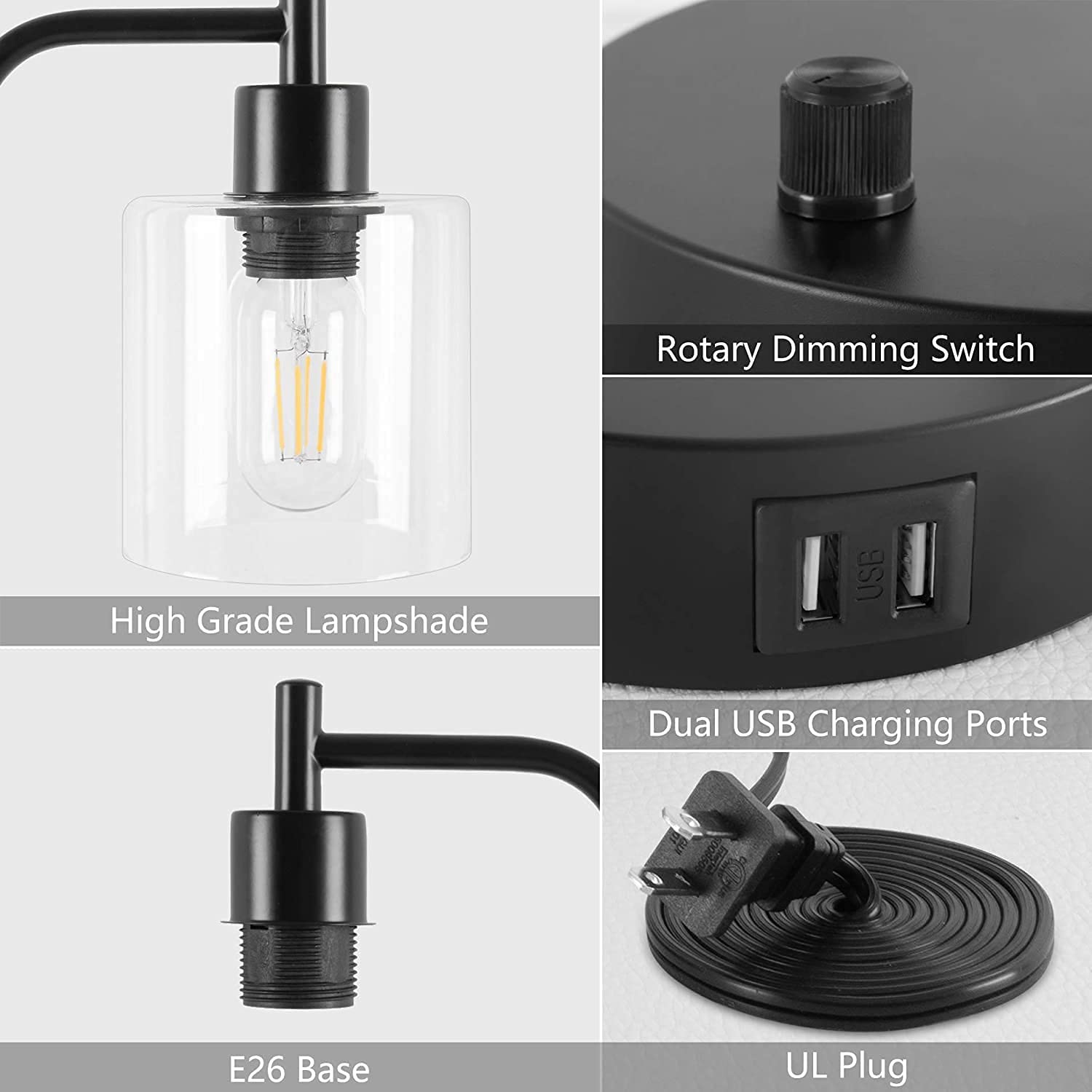 2x Pack Industrial Table Lamp with 2 USB Port for Bedside Nightstand Desk and Living Room Office (Bulb not V178-14759