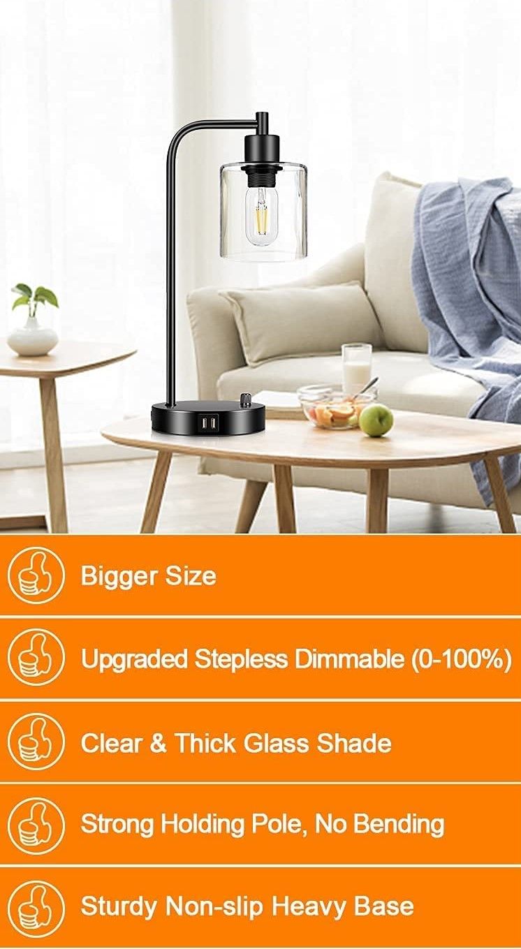 2x Pack Industrial Table Lamp with 2 USB Port for Bedside Nightstand Desk and Living Room Office (Bulb not V178-14759