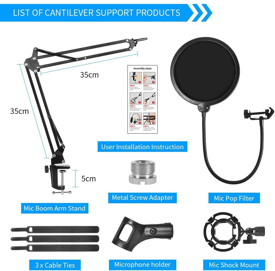 Microphone Radio Broadcasting Stand with 3/8"to 5/8" Screw Adapter and Windscreen Pop Filter V178-14766