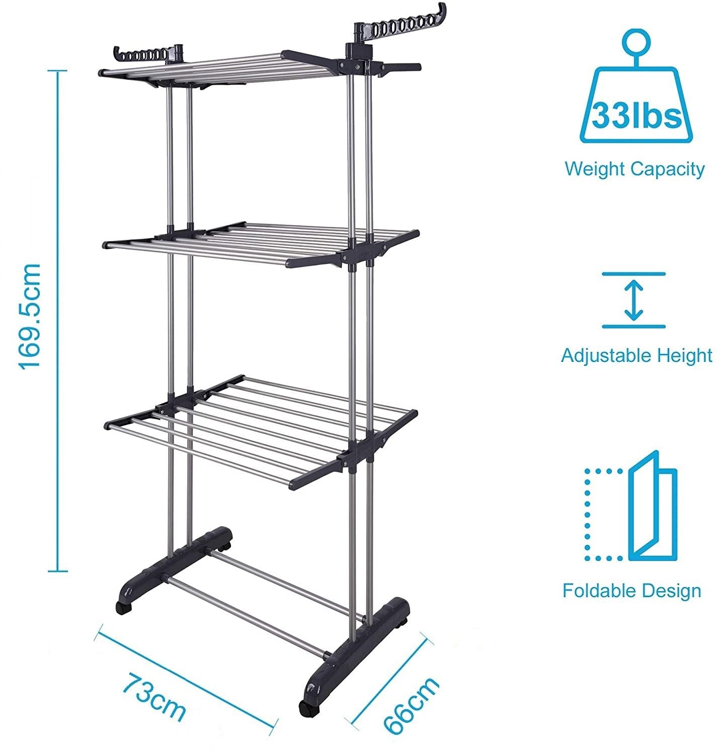 3 Tier Foldable Clothes Drying Rack for Laundry Dryer with Hanger Stand Rail Indoor V178-14865