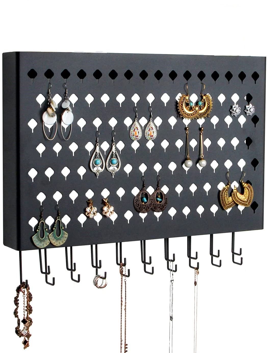 Wall Mount Earring Jewelry Hanger Organizer Holder with 109 Holes and 19 Hooks (Black) V178-18681