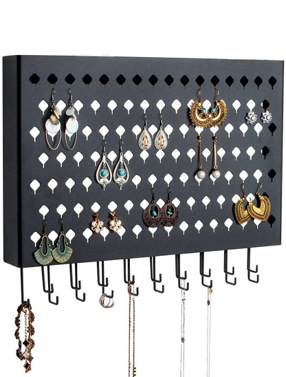 Wall Mount Earring Jewelry Hanger Organizer Holder with 109 Holes and 19 Hooks (Black) V178-18681