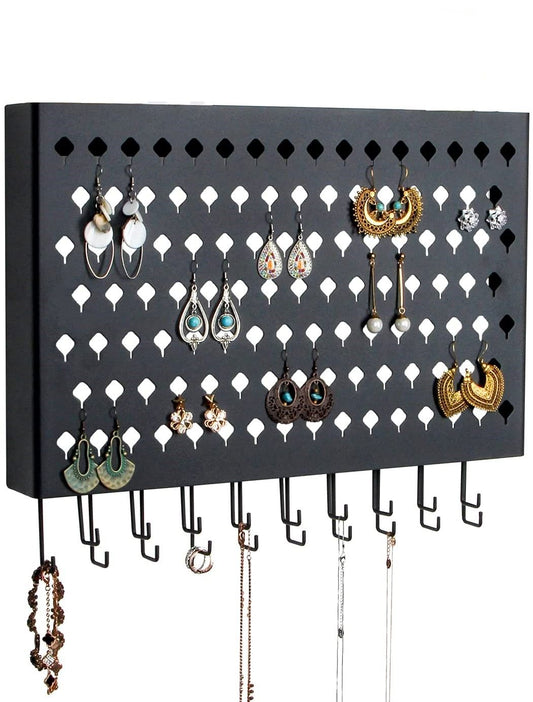 Wall Mount Earring Jewelry Hanger Organizer Holder with 109 Holes and 19 Hooks (Black) V178-18681