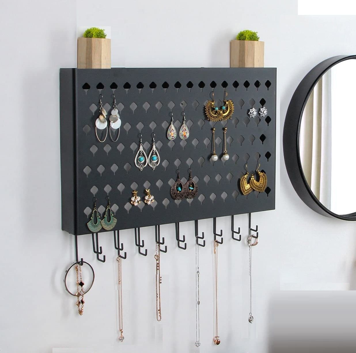 Wall Mount Earring Jewelry Hanger Organizer Holder with 109 Holes and 19 Hooks (Black) V178-18681