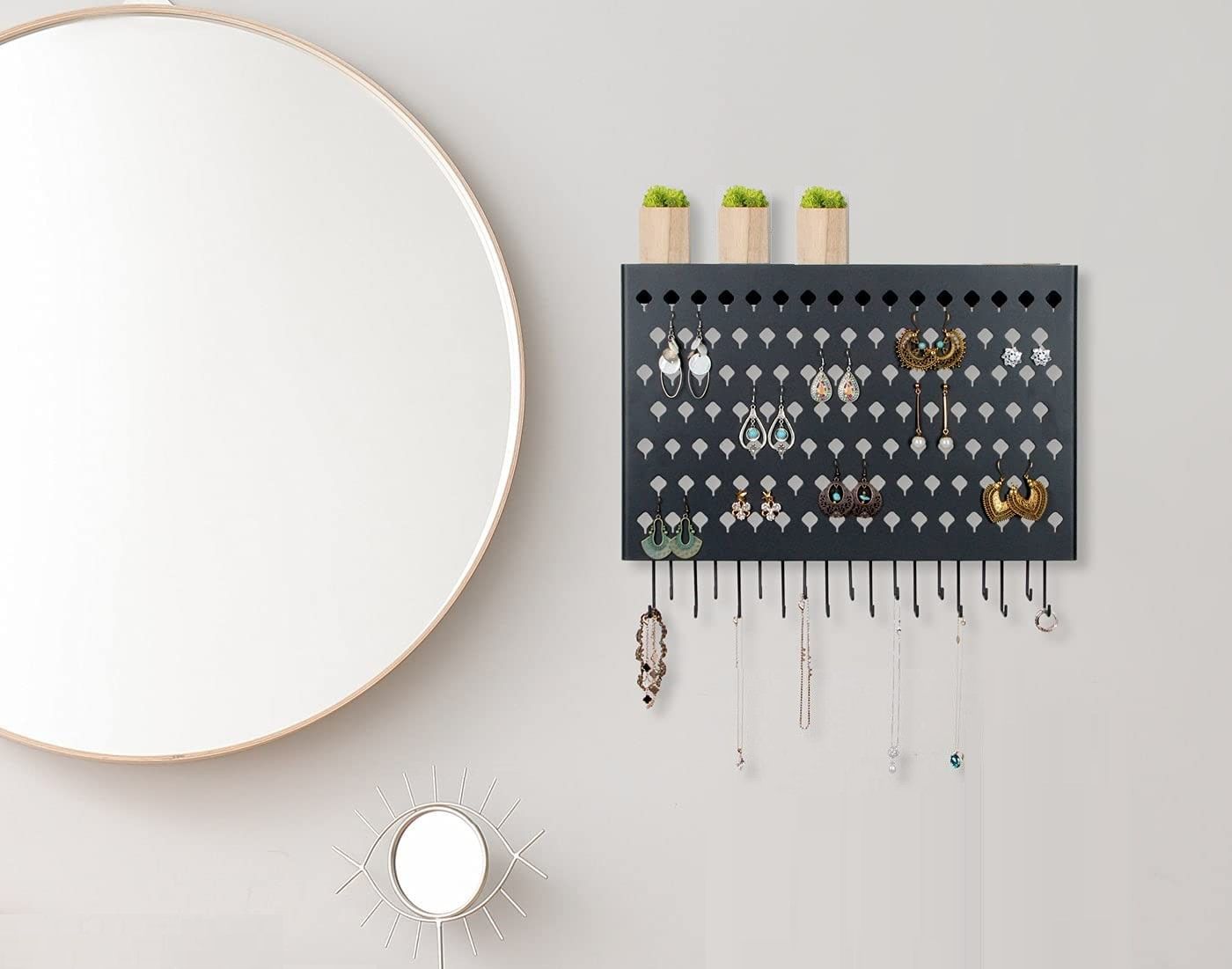 Wall Mount Earring Jewelry Hanger Organizer Holder with 109 Holes and 19 Hooks (Black) V178-18681