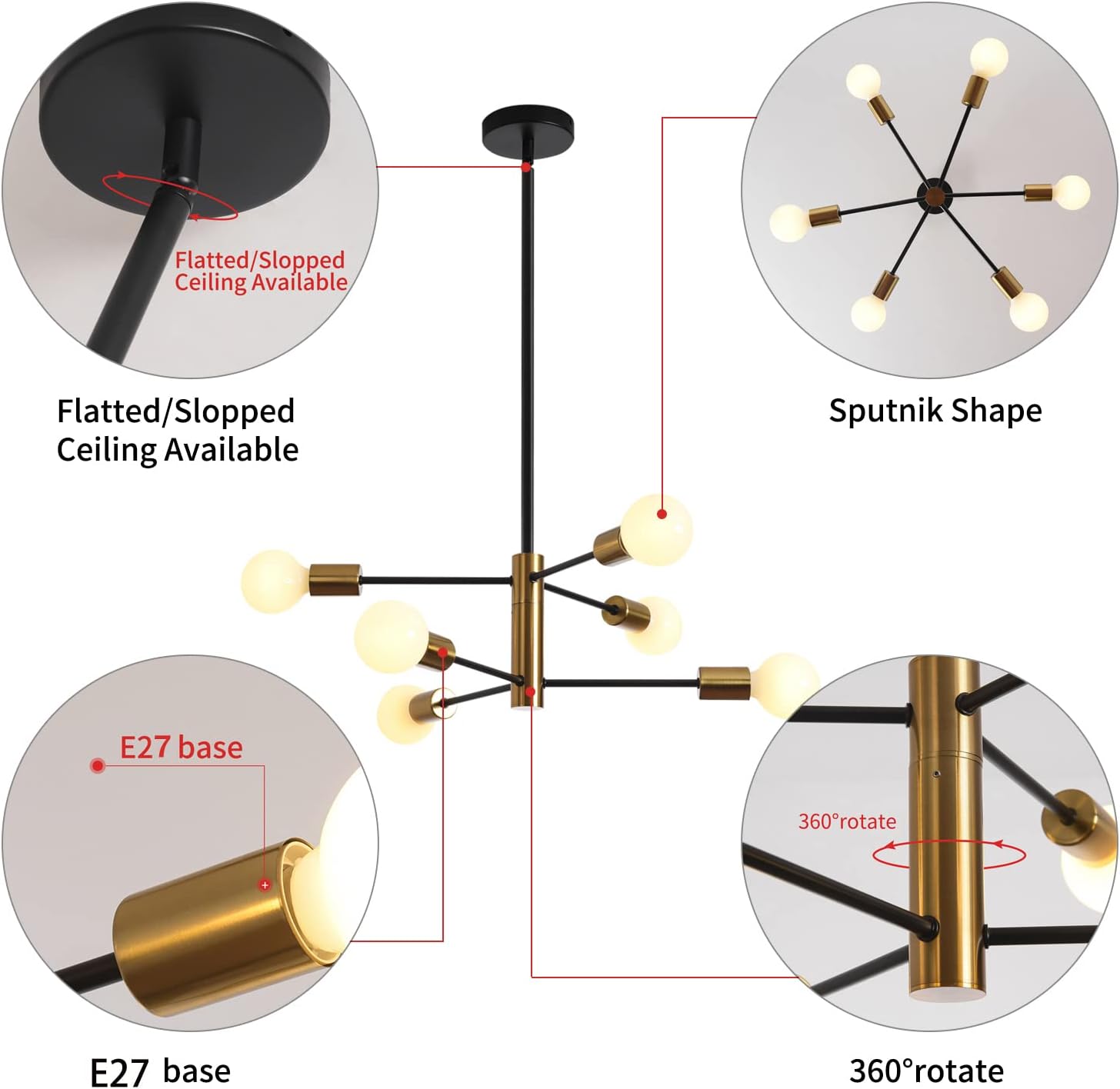 Sputnik Chandelier Modern Industrial, 6-Light , Black & Gold V178-33071