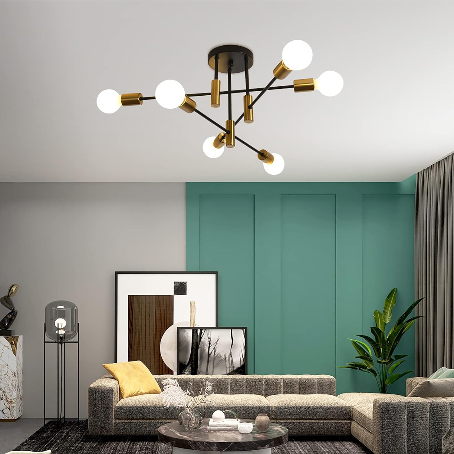 Mid Century Chandelier Modern, 6-Light , Black & Gold V178-33147