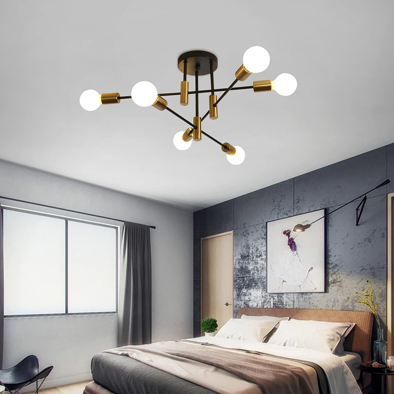 Mid Century Chandelier Modern, 6-Light , Black & Gold V178-33147