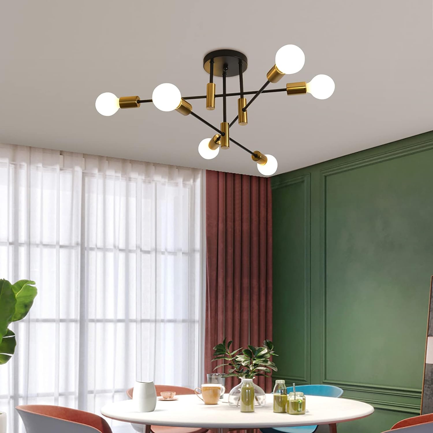 Mid Century Chandelier Modern, 6-Light , Black & Gold V178-33147