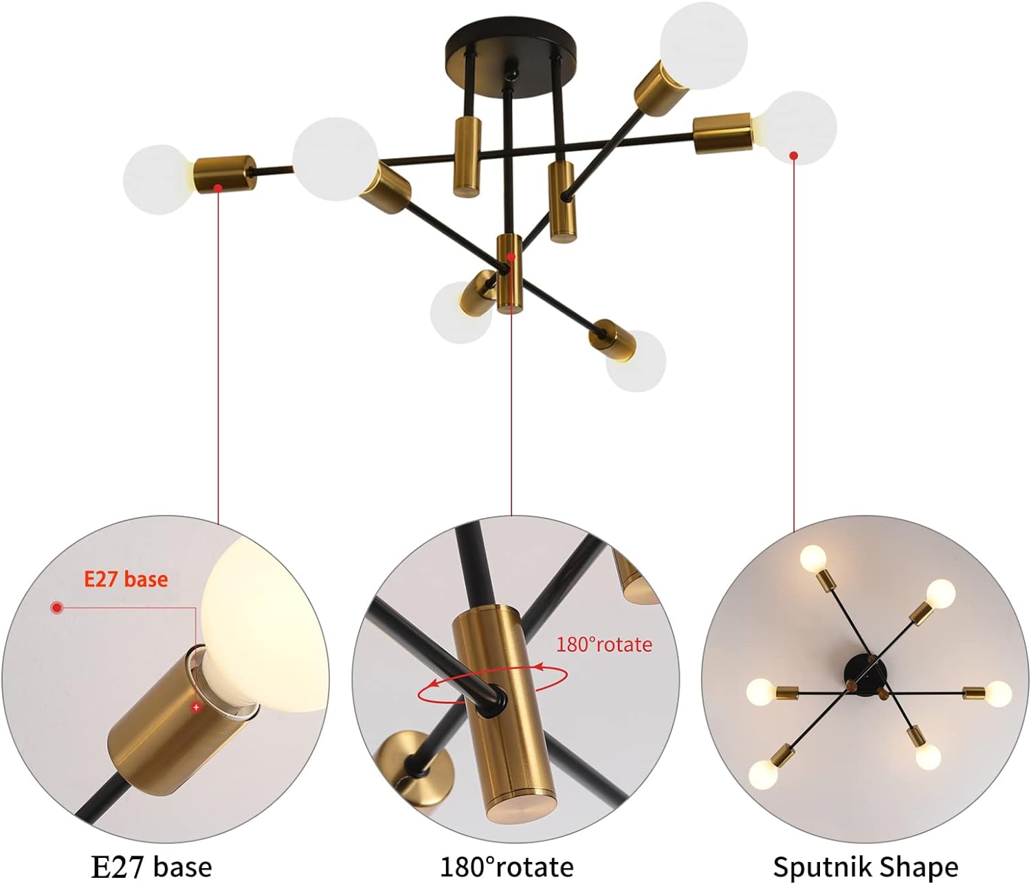 Mid Century Chandelier Modern, 6-Light , Black & Gold V178-33147