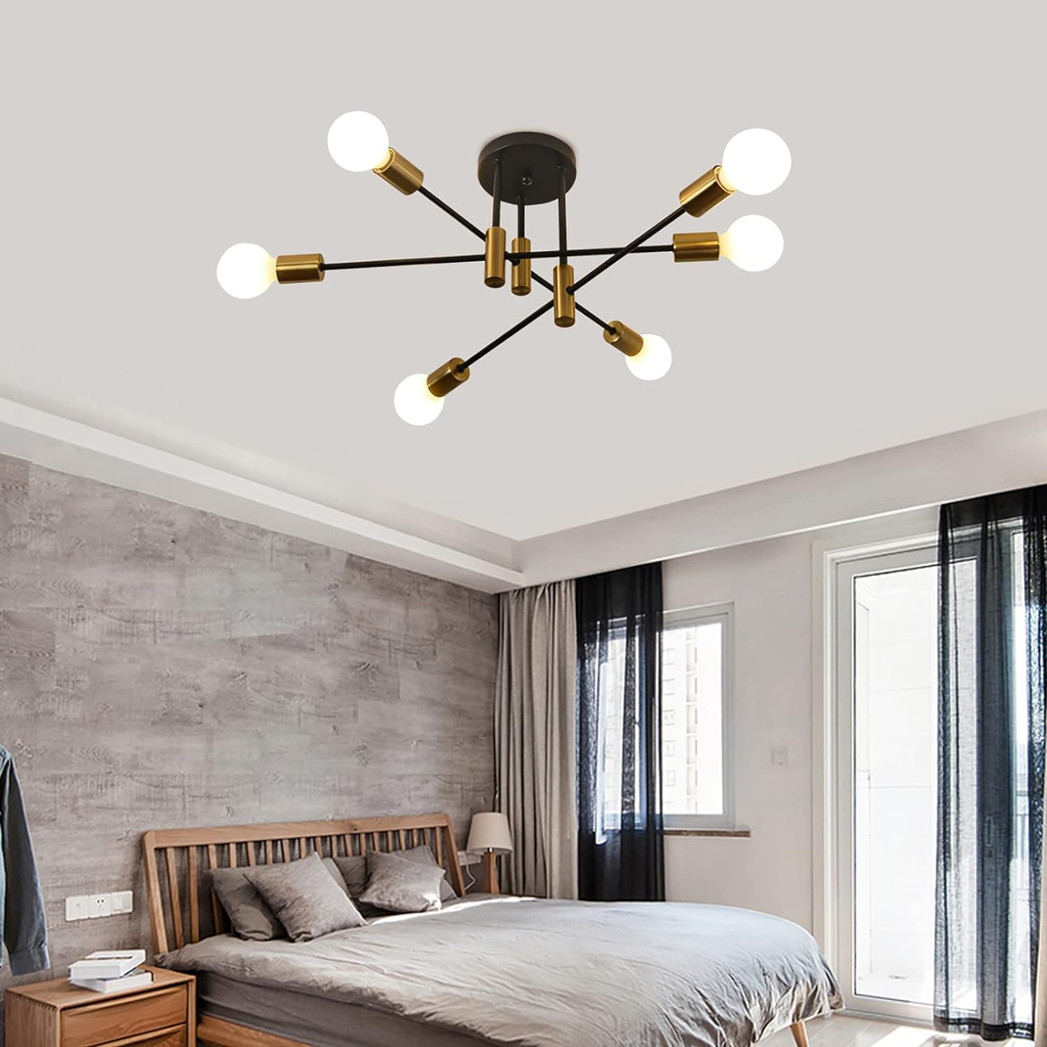 Mid Century Chandelier Modern, 6-Light , Black & Gold V178-33147