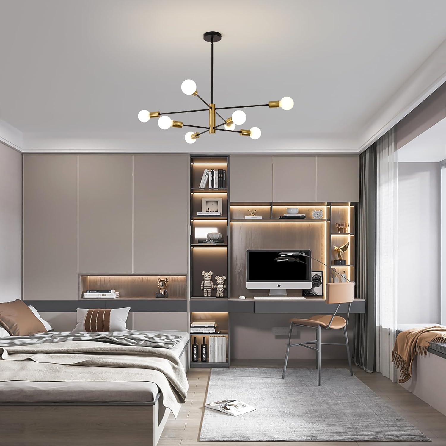 Sputnik Chandelier Modern Industrial, 8-Light , Black & Gold V178-33531