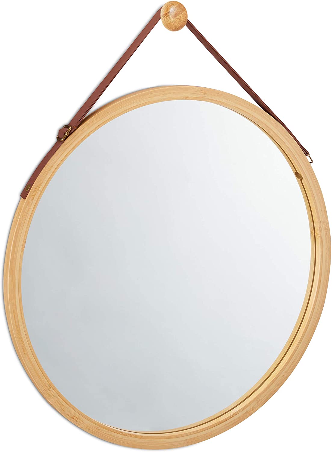 Hanging Round Wall Mirror 38 cm - Solid Bamboo Frame and Adjustable Leather Strap for Bathroom and Bedroom V178-36014