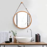 Hanging Round Wall Mirror 38 cm - Solid Bamboo Frame and Adjustable Leather Strap for Bathroom and Bedroom V178-36014