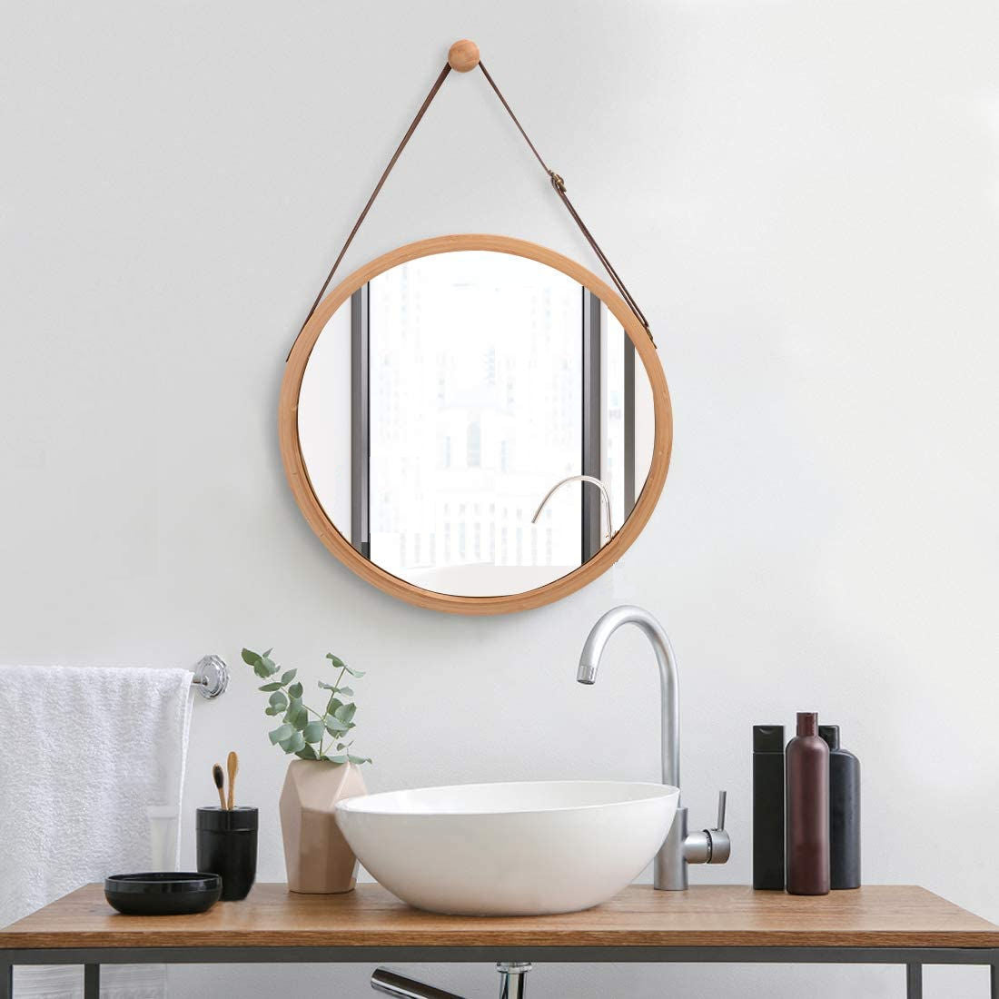 Hanging Round Wall Mirror 38 cm - Solid Bamboo Frame and Adjustable Leather Strap for Bathroom and Bedroom V178-36014
