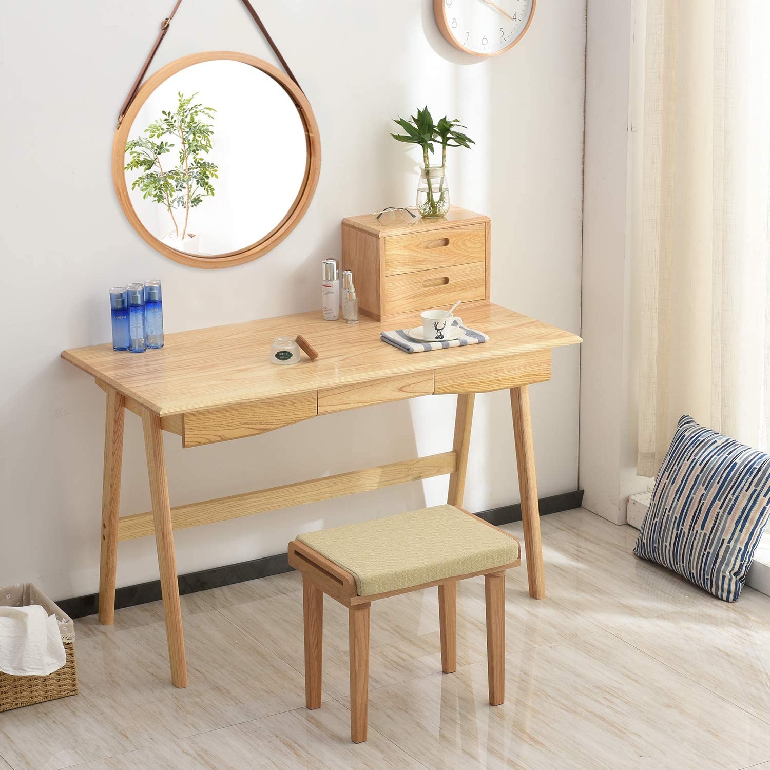 Hanging Round Wall Mirror 38 cm - Solid Bamboo Frame and Adjustable Leather Strap for Bathroom and Bedroom V178-36014