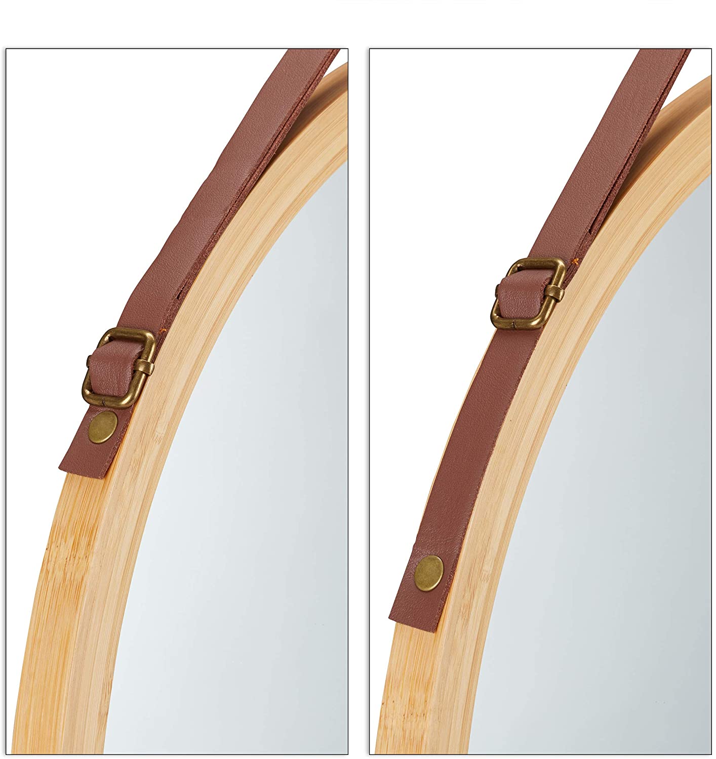 Hanging Round Wall Mirror 38 cm - Solid Bamboo Frame and Adjustable Leather Strap for Bathroom and Bedroom V178-36014