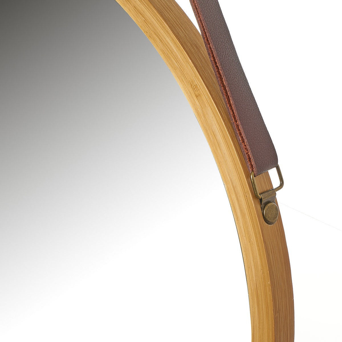 Hanging Round Wall Mirror 38 cm - Solid Bamboo Frame and Adjustable Leather Strap for Bathroom and Bedroom V178-36014