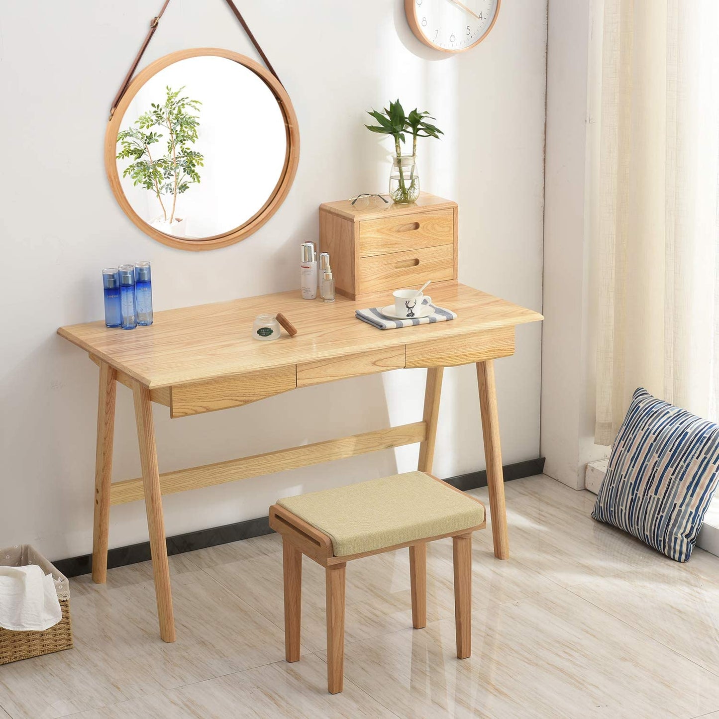 Hanging Round Wall Mirror 45 cm - Solid Bamboo Frame and Adjustable Leather Strap for Bathroom and Bedroom V178-36015