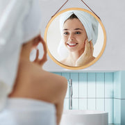 Hanging Round Wall Mirror 45 cm - Solid Bamboo Frame and Adjustable Leather Strap for Bathroom and Bedroom V178-36015