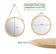 Hanging Round Wall Mirror 45 cm - Solid Bamboo Frame and Adjustable Leather Strap for Bathroom and Bedroom V178-36015