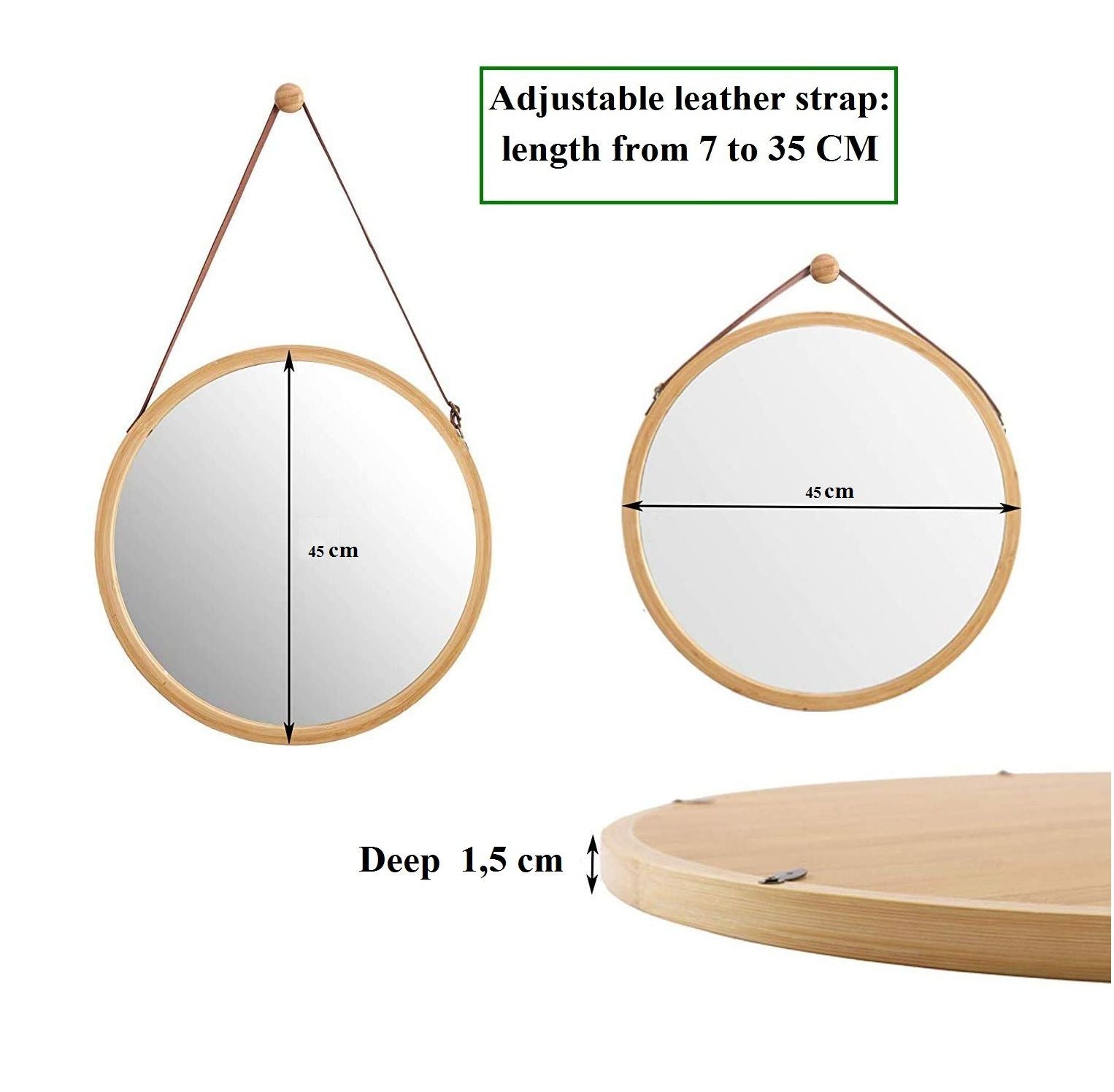 Hanging Round Wall Mirror 45 cm - Solid Bamboo Frame and Adjustable Leather Strap for Bathroom and Bedroom V178-36015