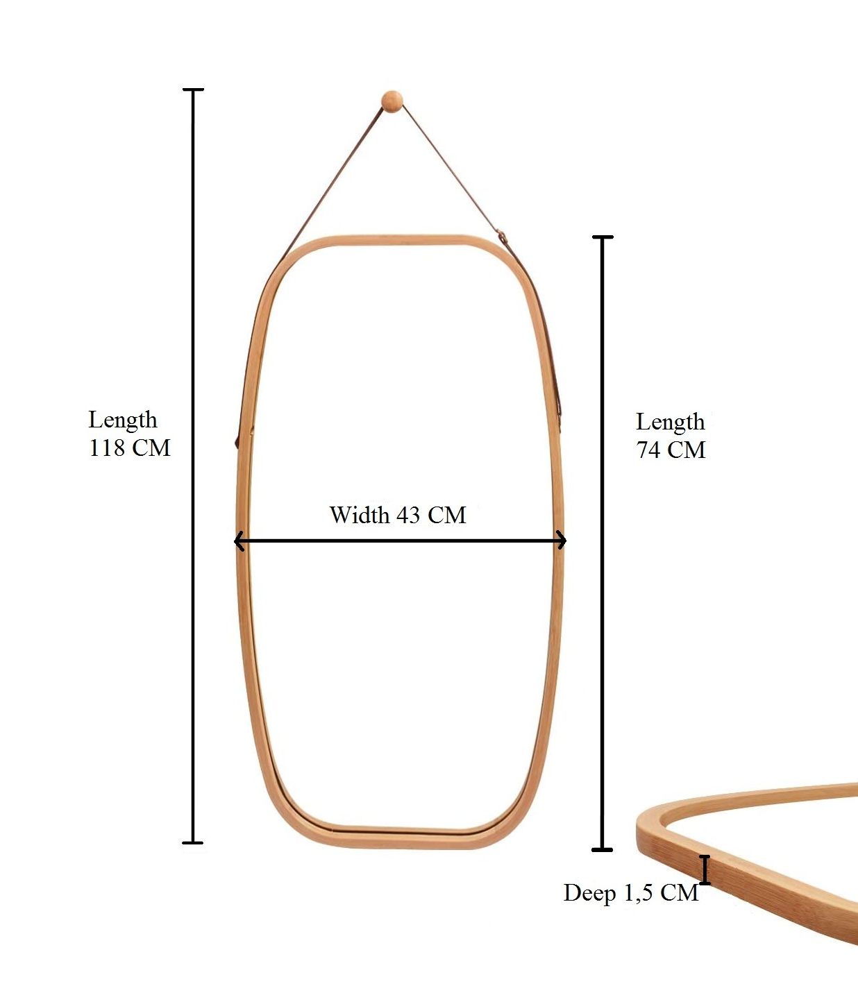 Hanging Full Length Wall Mirror - Solid Bamboo Frame and Adjustable Leather Strap for Bathroom and Bedroom V178-36016