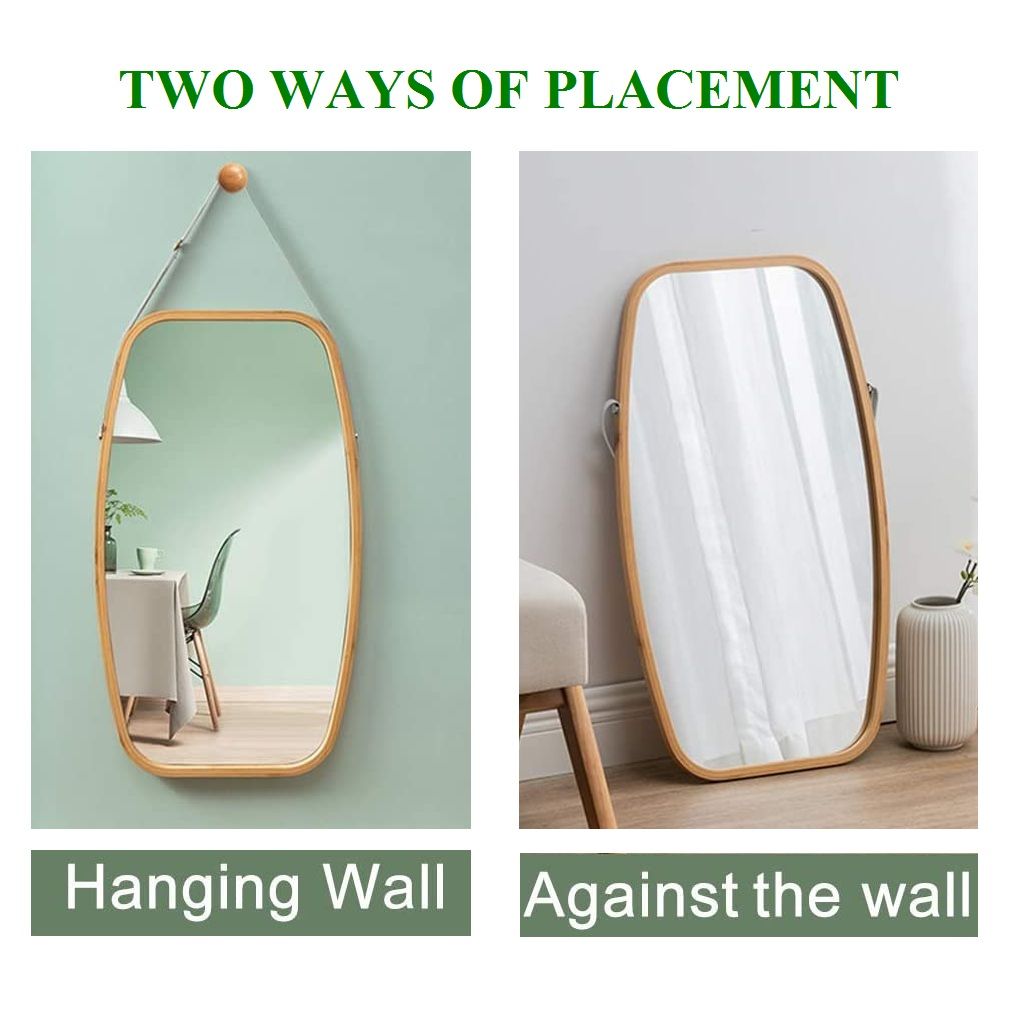 Hanging Full Length Wall Mirror - Solid Bamboo Frame and Adjustable Leather Strap for Bathroom and Bedroom V178-36016