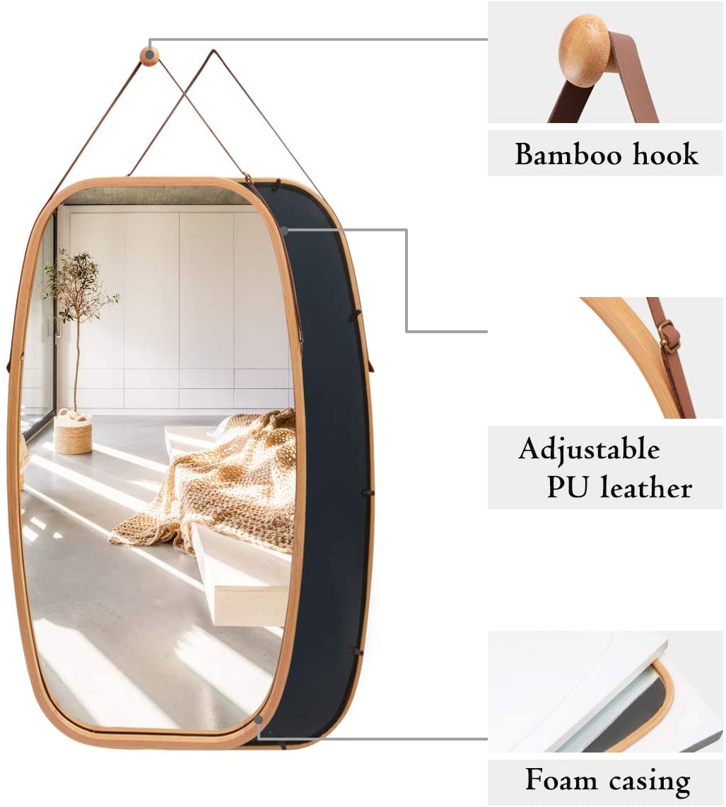 Hanging Full Length Wall Mirror - Solid Bamboo Frame and Adjustable Leather Strap for Bathroom and Bedroom V178-36016