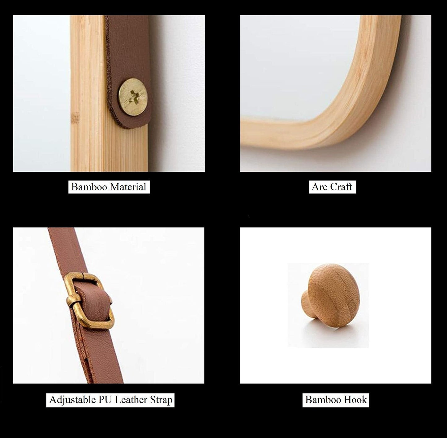 Hanging Full Length Wall Mirror - Solid Bamboo Frame and Adjustable Leather Strap for Bathroom and Bedroom V178-36016
