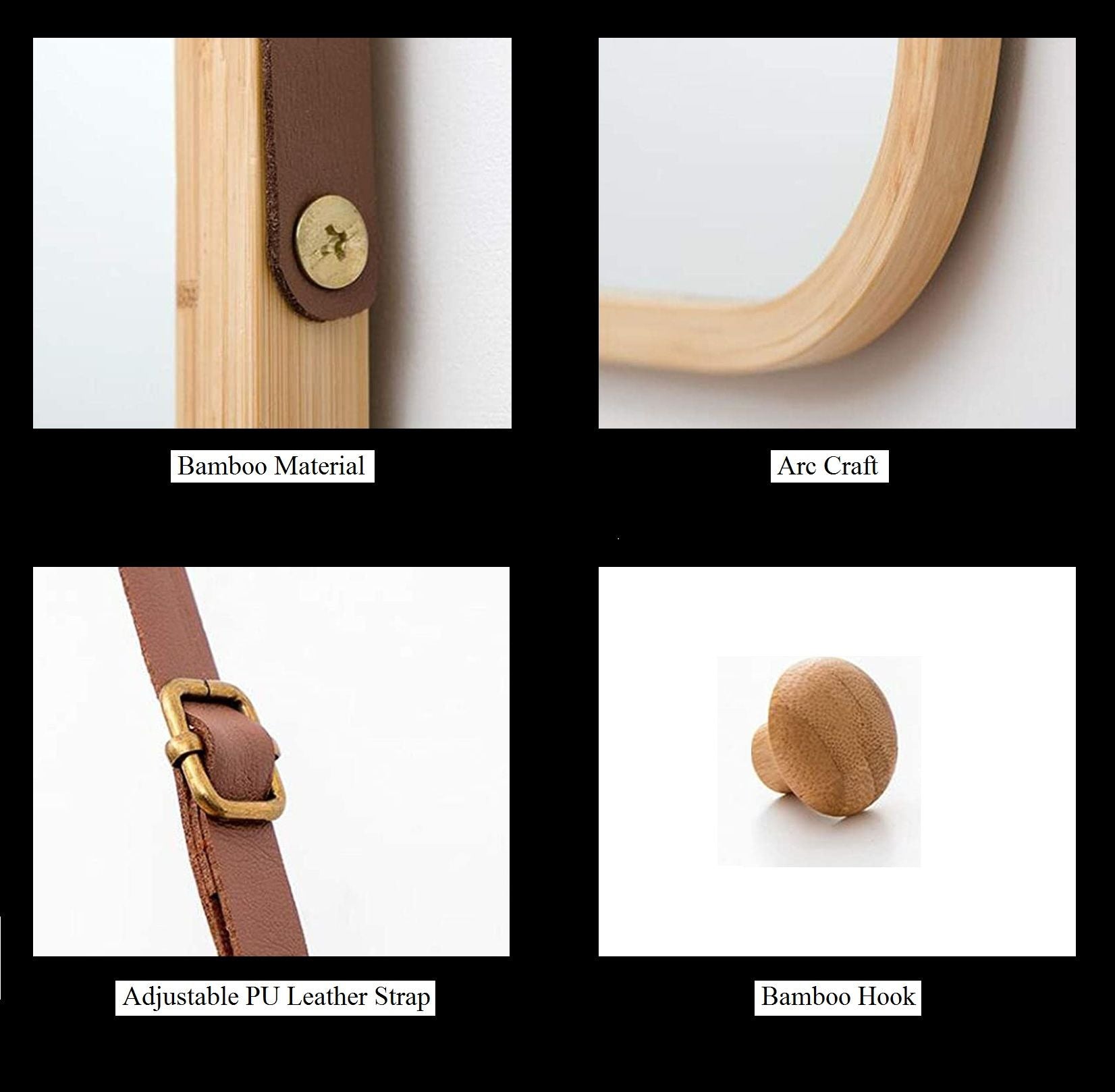 Hanging Full Length Wall Mirror - Solid Bamboo Frame and Adjustable Leather Strap for Bathroom and Bedroom V178-36016