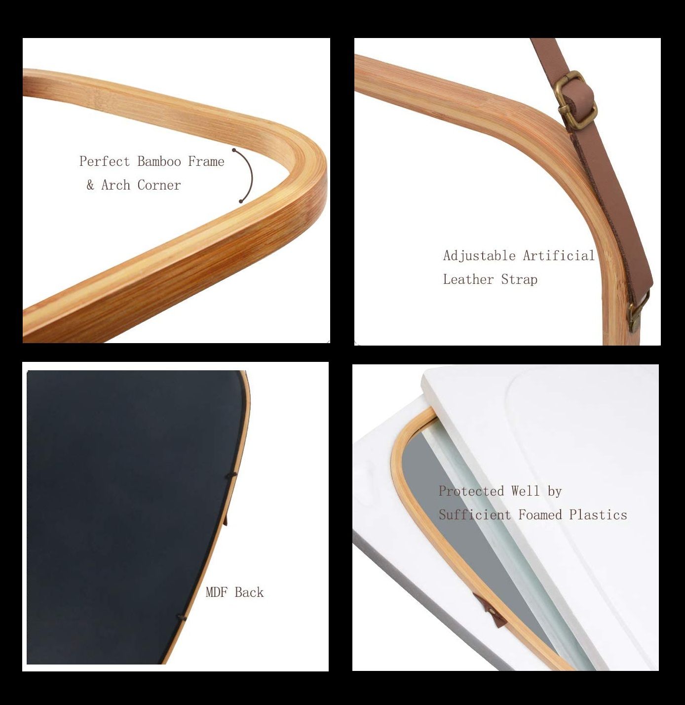 Hanging Full Length Wall Mirror - Solid Bamboo Frame and Adjustable Leather Strap for Bathroom and Bedroom V178-36016
