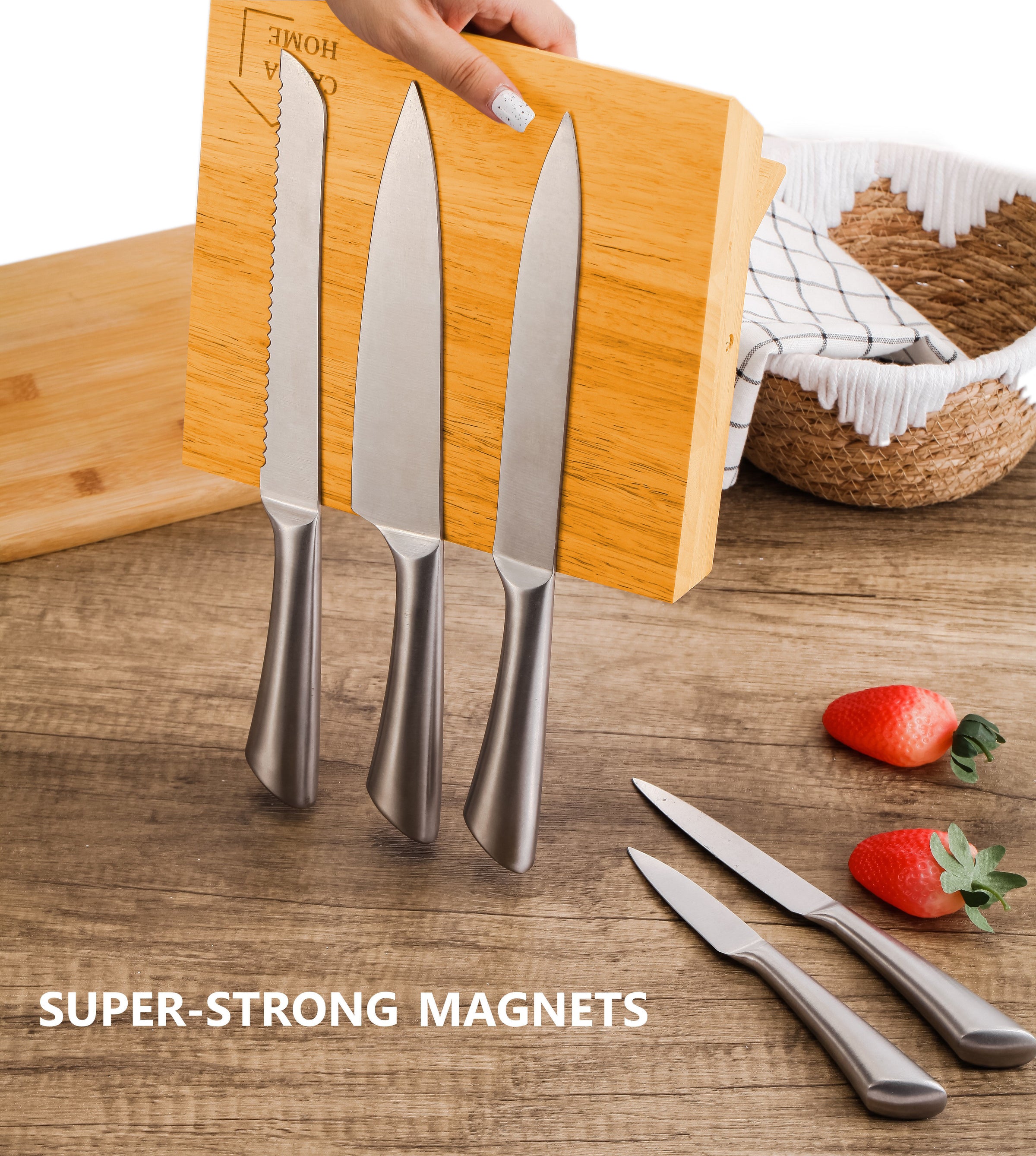Natural Bamboo Magnetic Knife Block Holder with Strong Magnets for Home Kitchen Storage & Organisation V178-36017