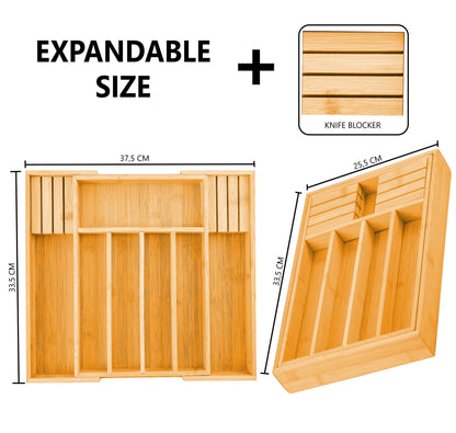 Large Capacity Bamboo Expandable Drawer Organizer with Knife Block Holder for Home Kitchen Utensils V178-36018