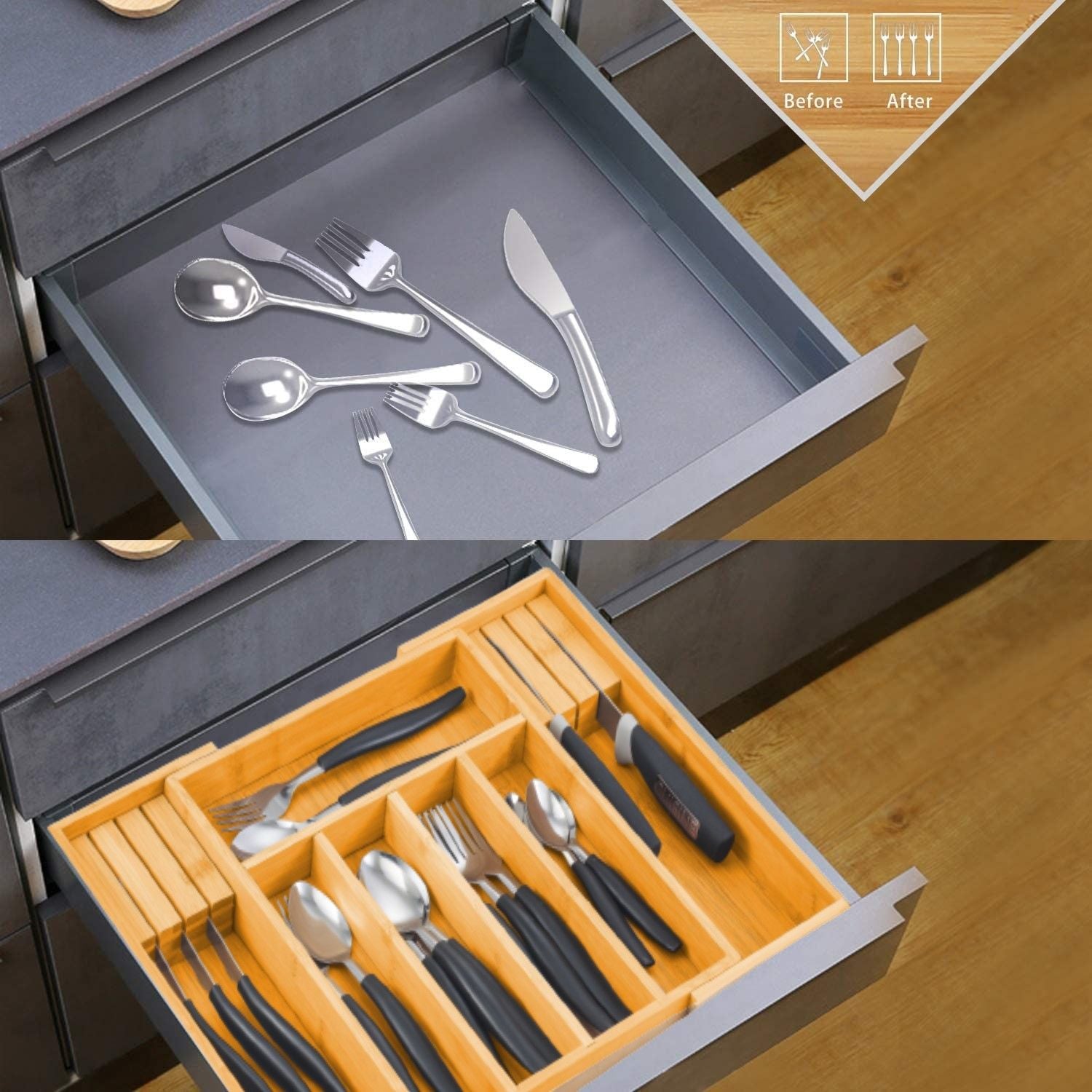 Large Capacity Bamboo Expandable Drawer Organizer with Knife Block Holder for Home Kitchen Utensils V178-36018