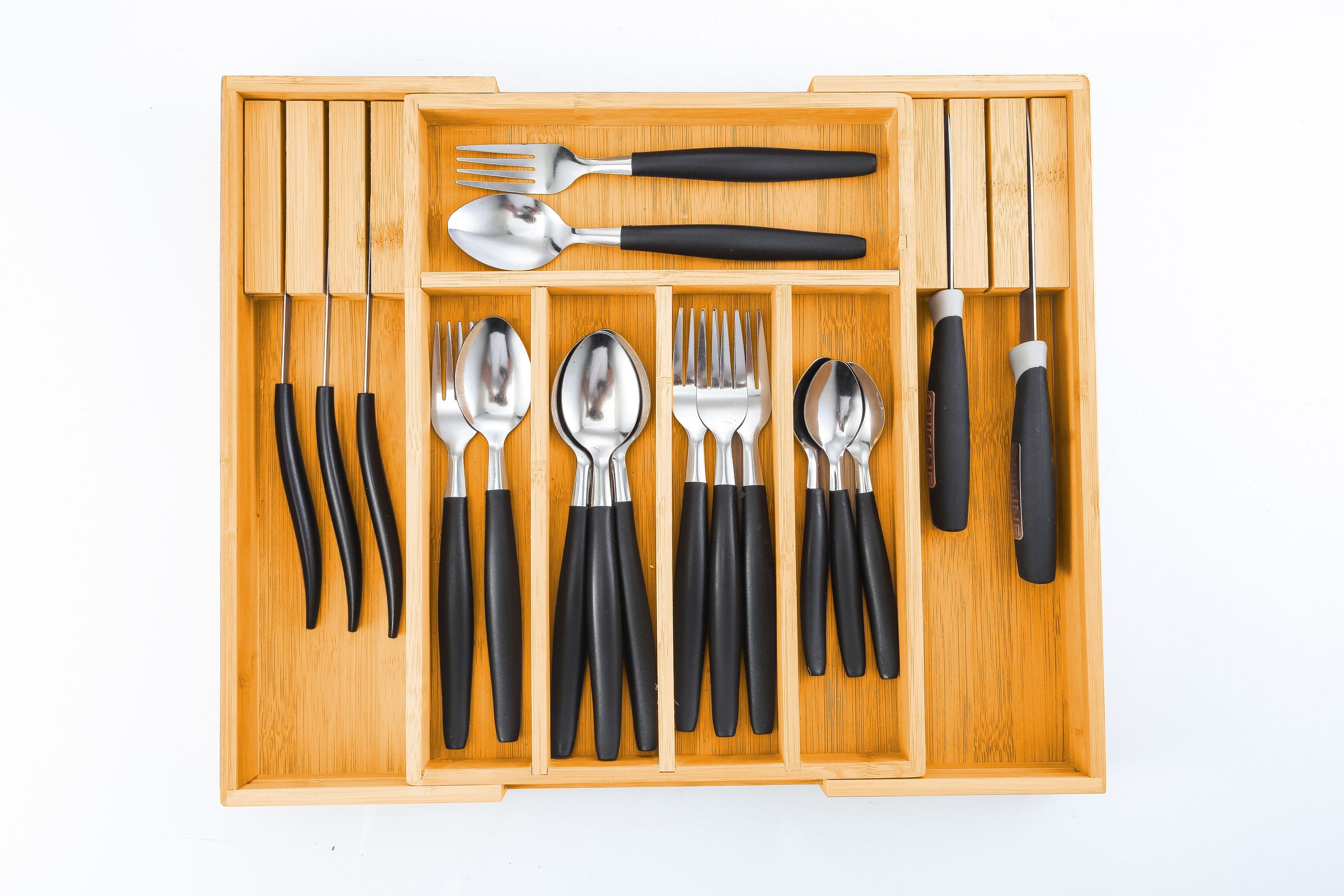Large Capacity Bamboo Expandable Drawer Organizer with Knife Block Holder for Home Kitchen Utensils V178-36018