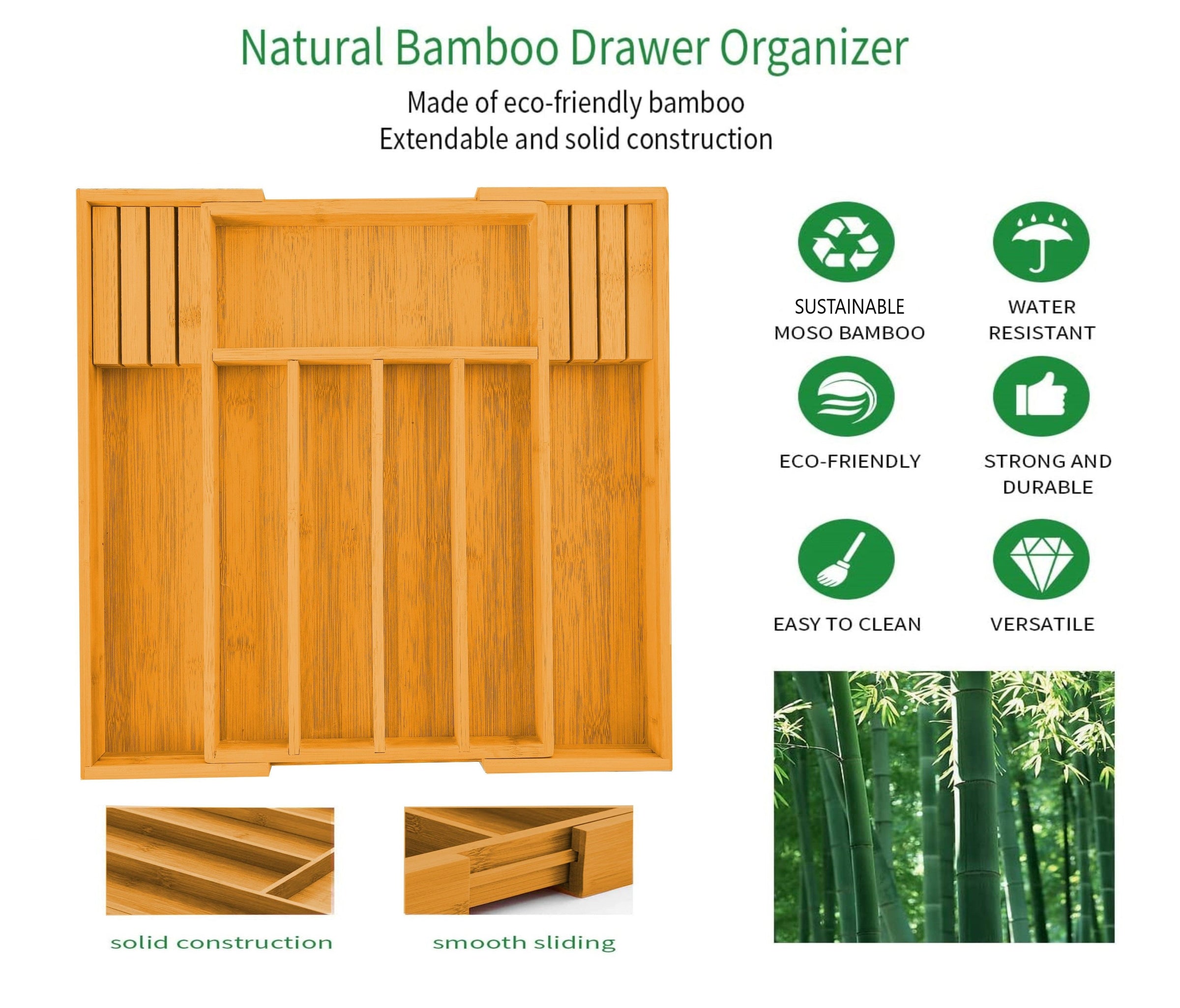 Large Capacity Bamboo Expandable Drawer Organizer with Knife Block Holder for Home Kitchen Utensils V178-36018